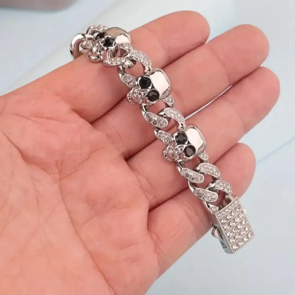 Men’s CZ Gothic Skull Cuban Link Bling Bracelet 8 in Rock Punk Band Party